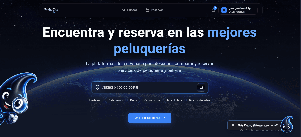 Captura real de Pelu Go: buscador de peluquerías y reserva de servicios